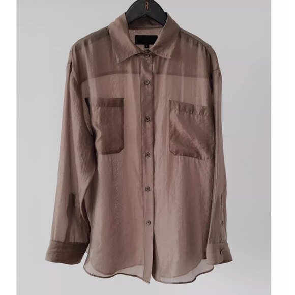 NEW No.6 Ilya Shirt - Ballet Brown Cafe Semi Sheer Buttondown Retro - Picture 4 of 10